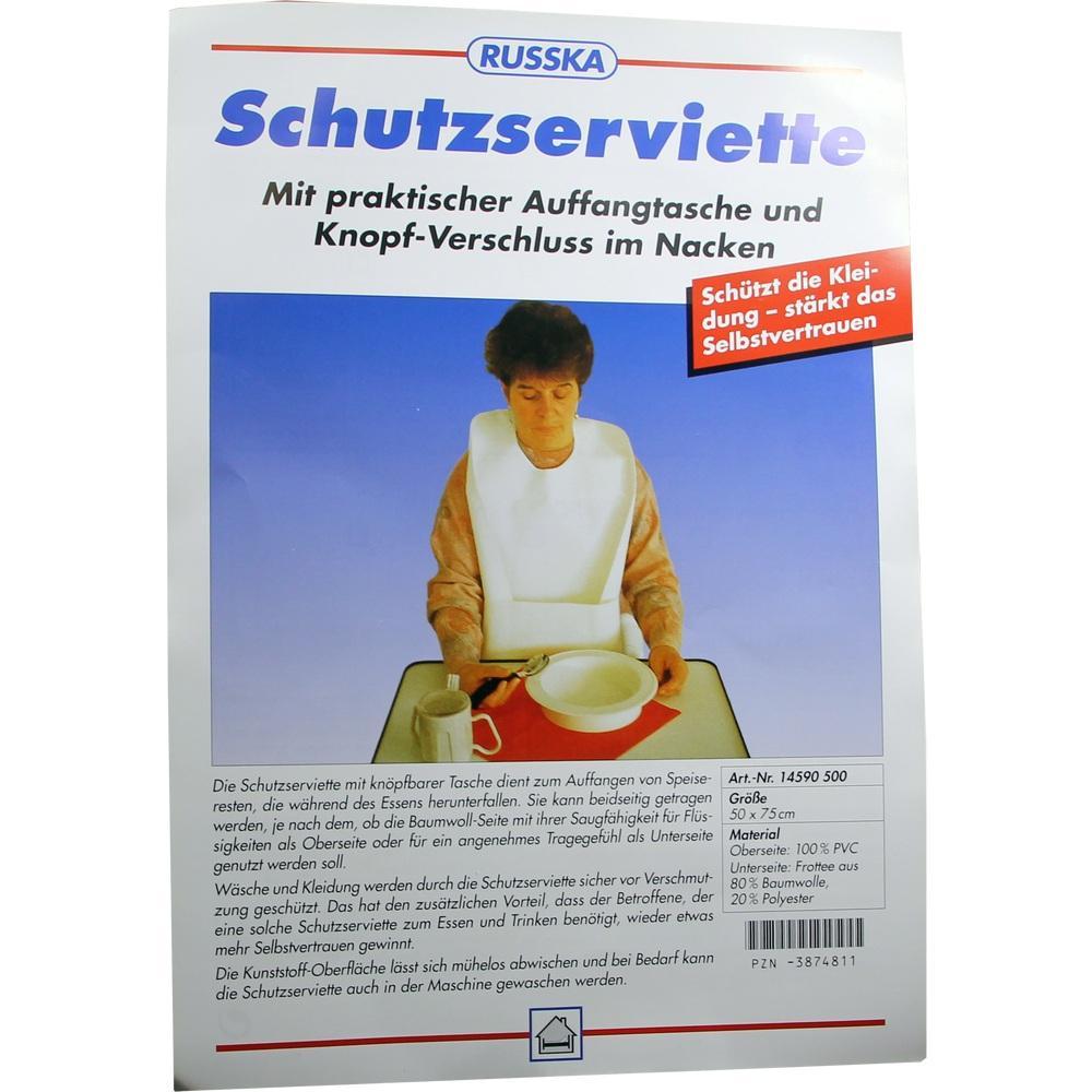 Eine Person trägt eine Schutzserviette und isst an einem Tisch.