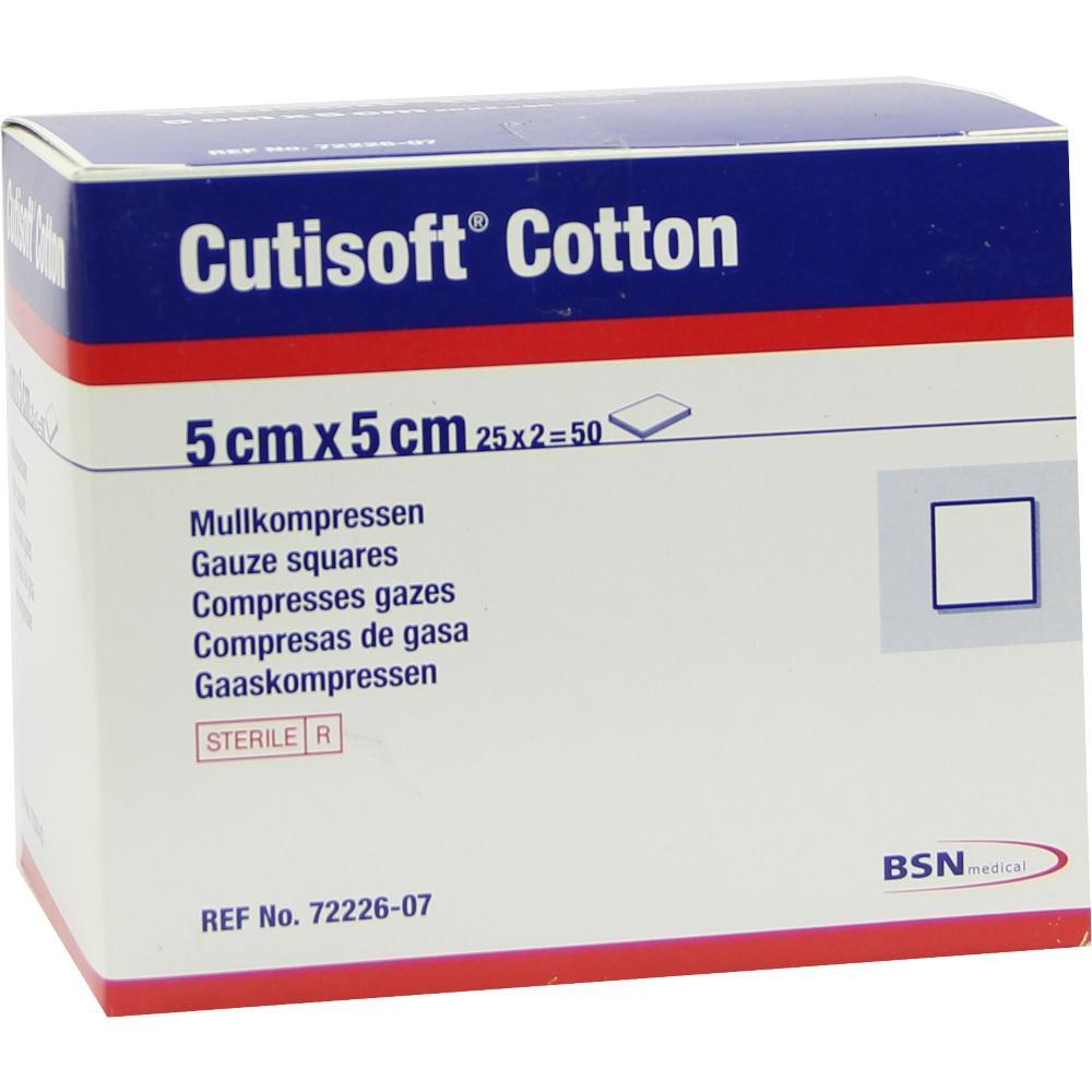 Eine Packung mit 5x5 cm großen Mullkompressen aus Baumwolle.
