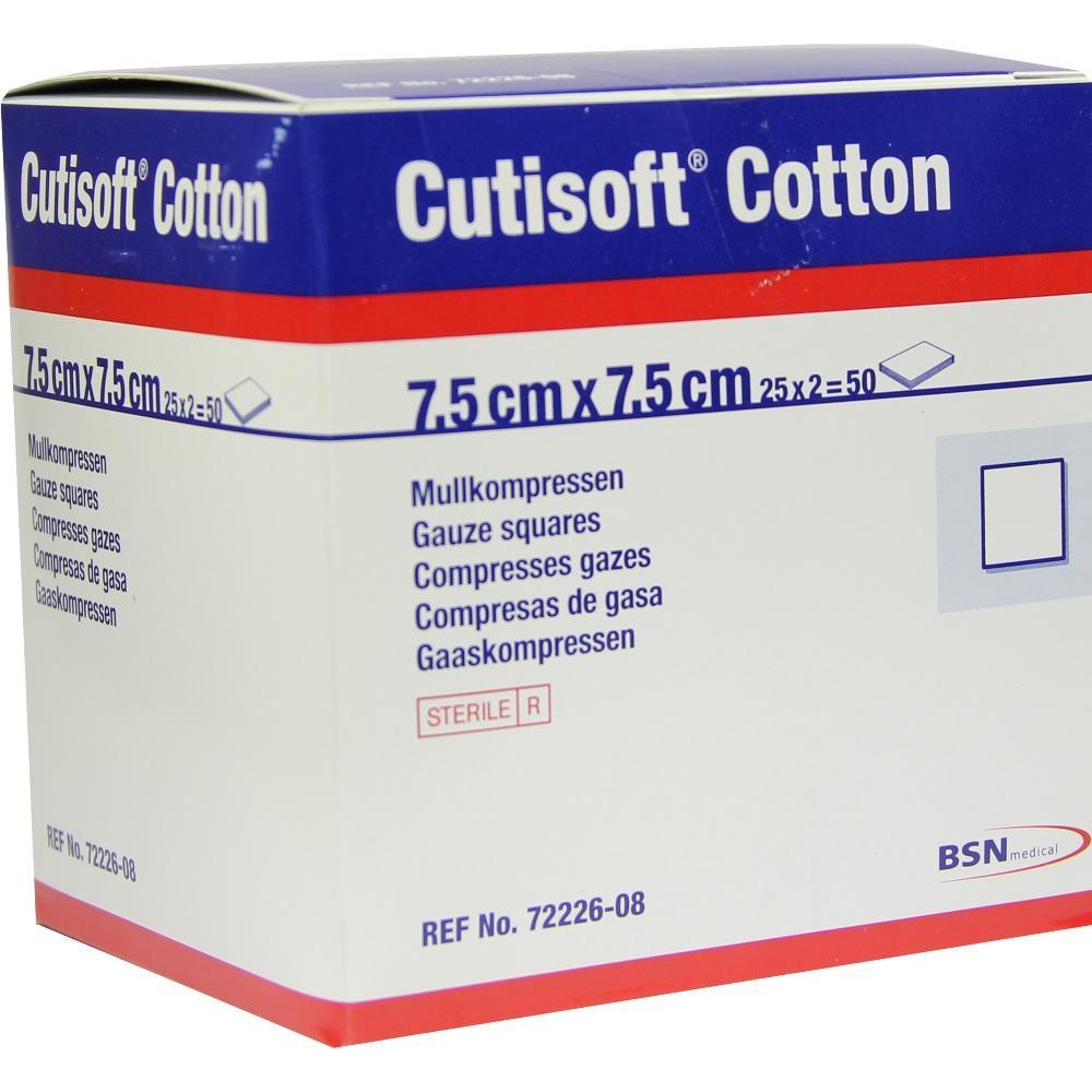 Eine Packung mit Mullkompressen von Cutisoft in der Größe 7,5 cm x 7,5 cm ist abgebildet.
