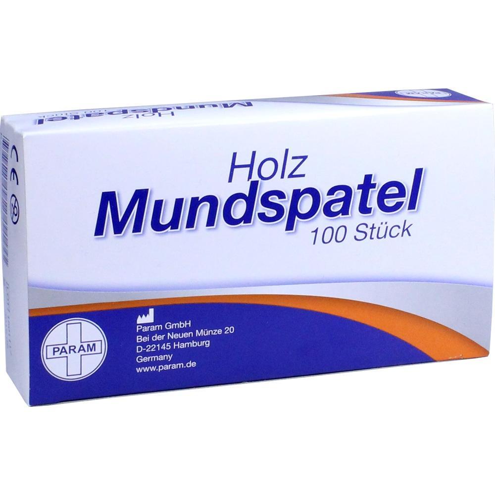 Weiße Verpackung mit der Aufschrift "Holz Mundspatel 100 Stück".