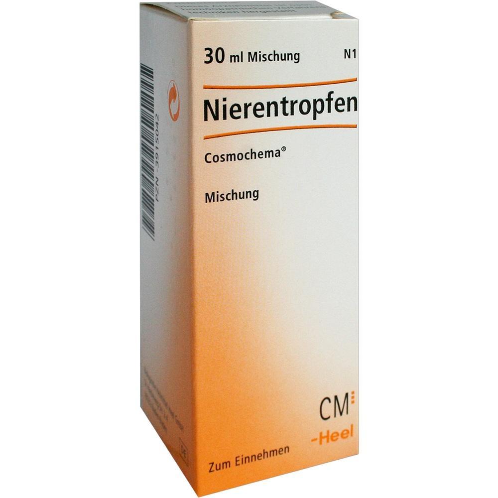 Eine Schachtel Nierentropfen mit orangenem und weißem Design.