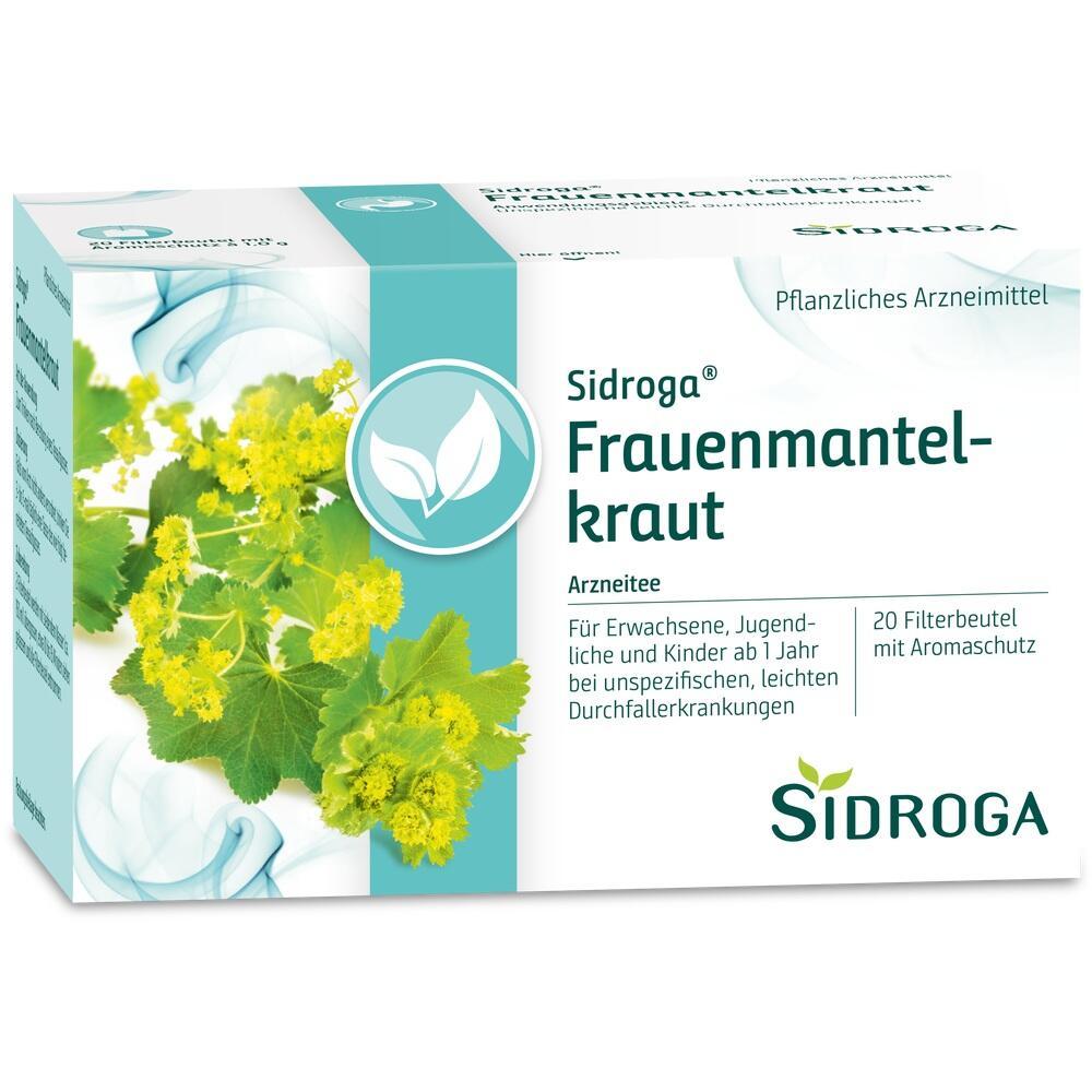 Verpackung von Frauenmantelkraut-Tee mit einem Bild von gelb-grünen Blättern.
