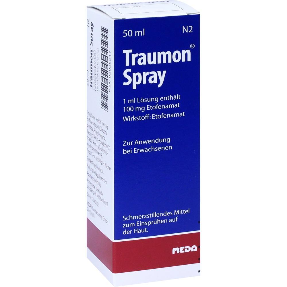 Blaue Verpackung von Schmerzspray für Erwachsene mit dem Namen "Traumon Spray".