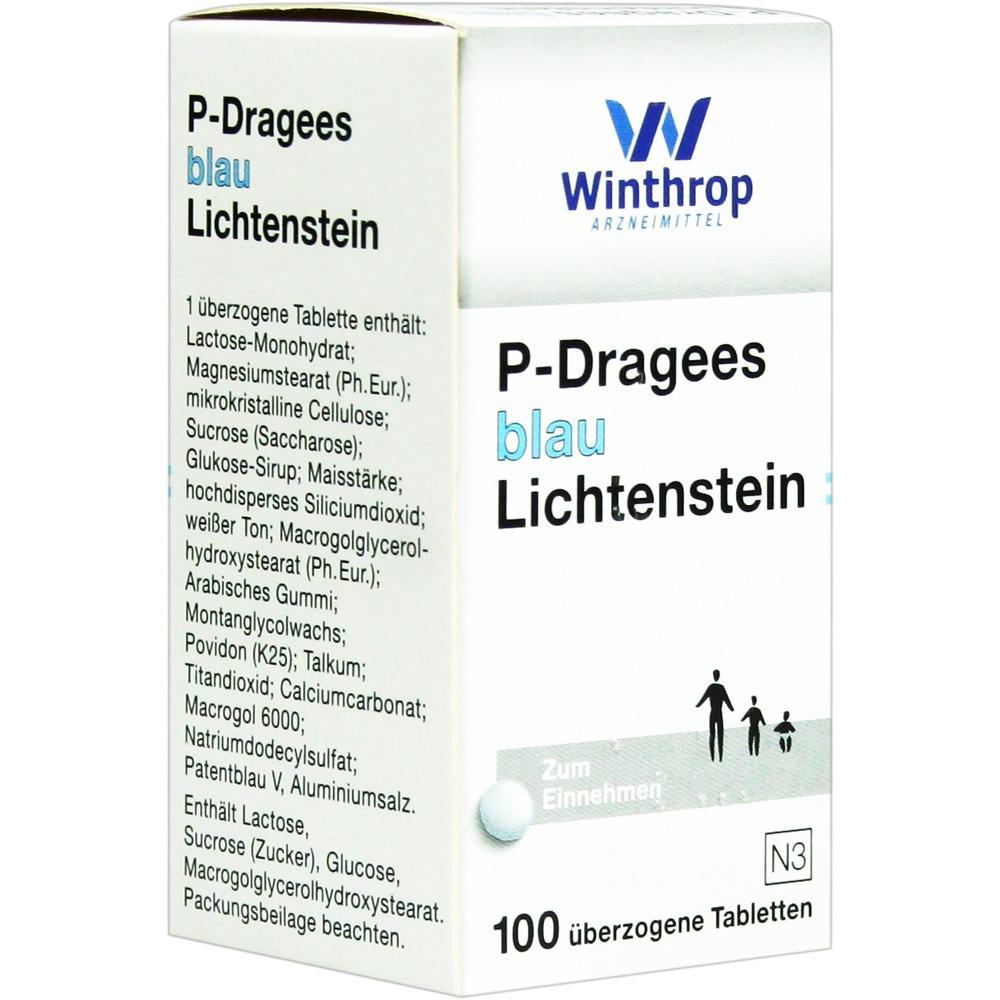 Weiße Medikamentenschachtel mit der Aufschrift "P-Dragees blau Lichtenstein".