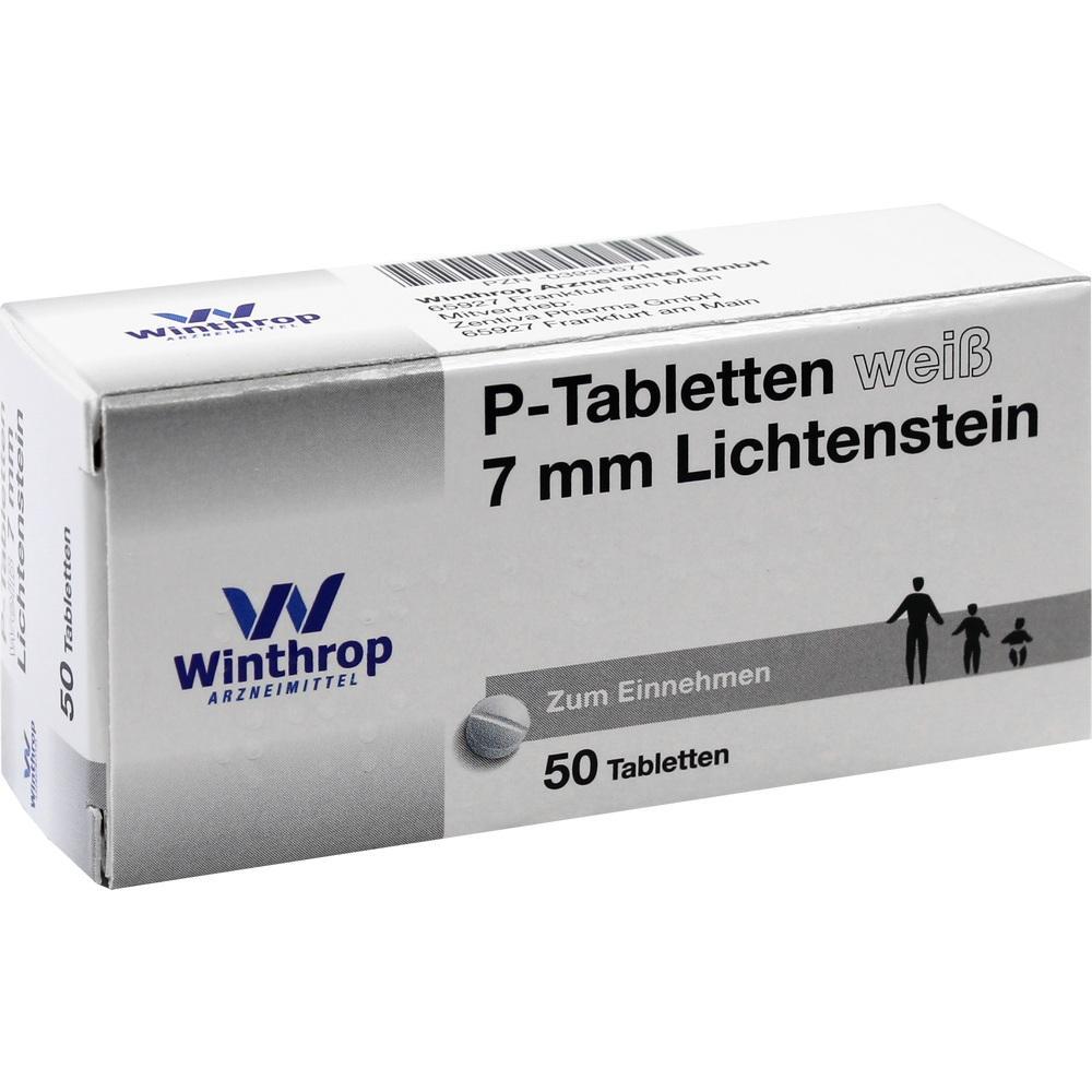 Eine weiße Medikamentenverpackung mit der Aufschrift "P-Tabletten weiß 7 mm Lichtenstein".