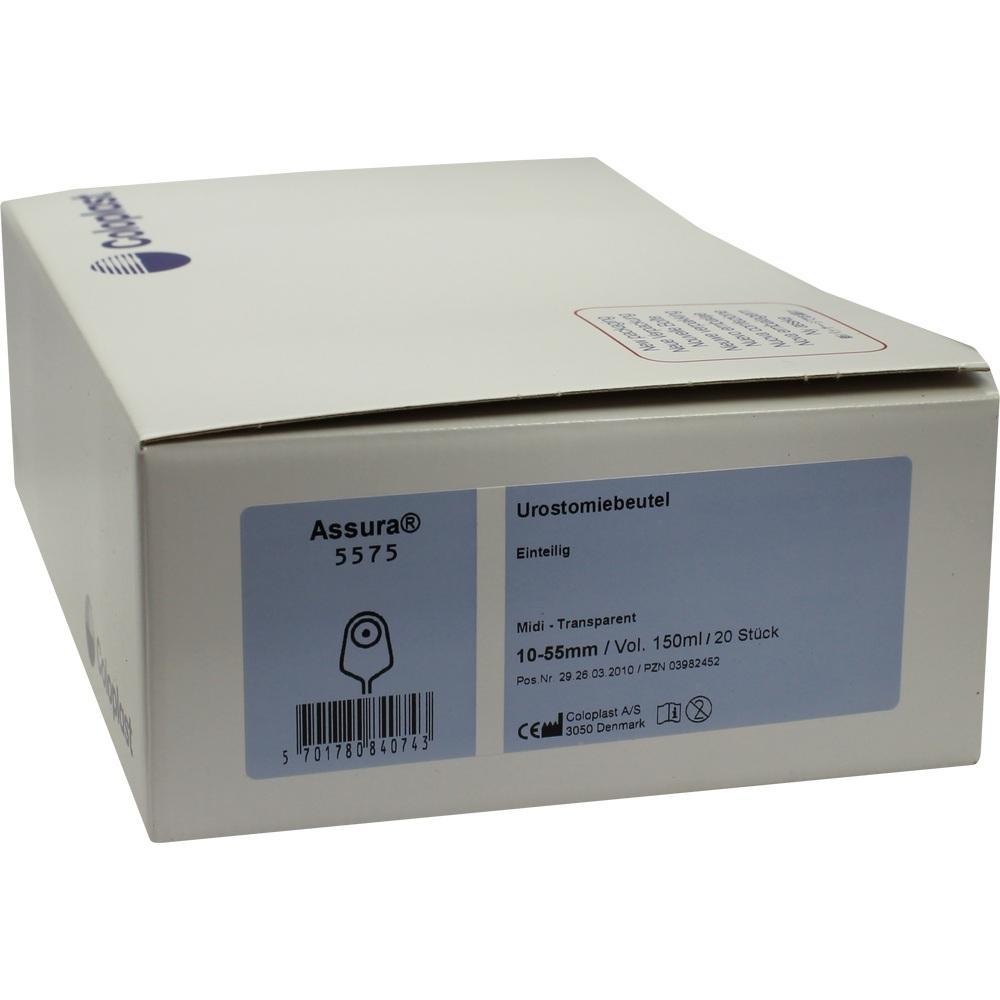 Ein weißer Karton mit der Aufschrift "Urostomiebeutel Assura 5575".