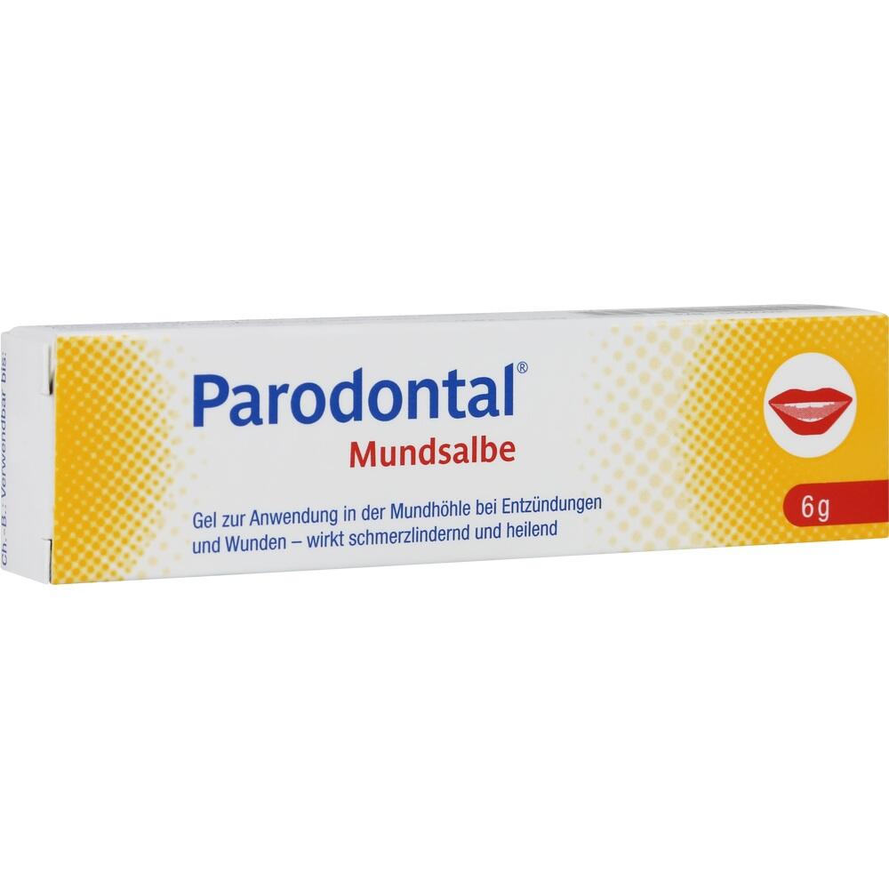 Eine weiße Schachtel mit Parodontal Mundsalbe für die Behandlung von Entzündungen.