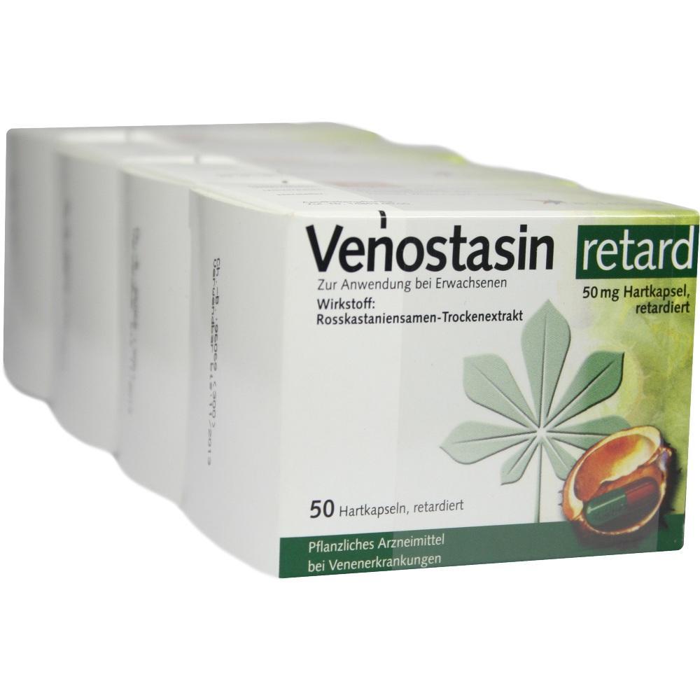 Packung des Medikaments Venostasin mit 50 Kapseln gegen Venenerkrankungen.
