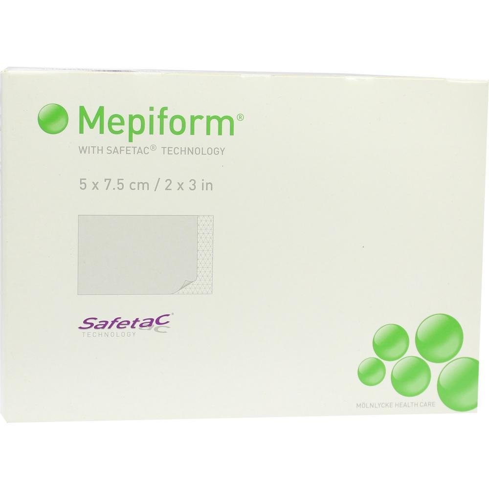 Weiße Verpackung von Mepiform mit grünen Kreisen und Produktinformationen.