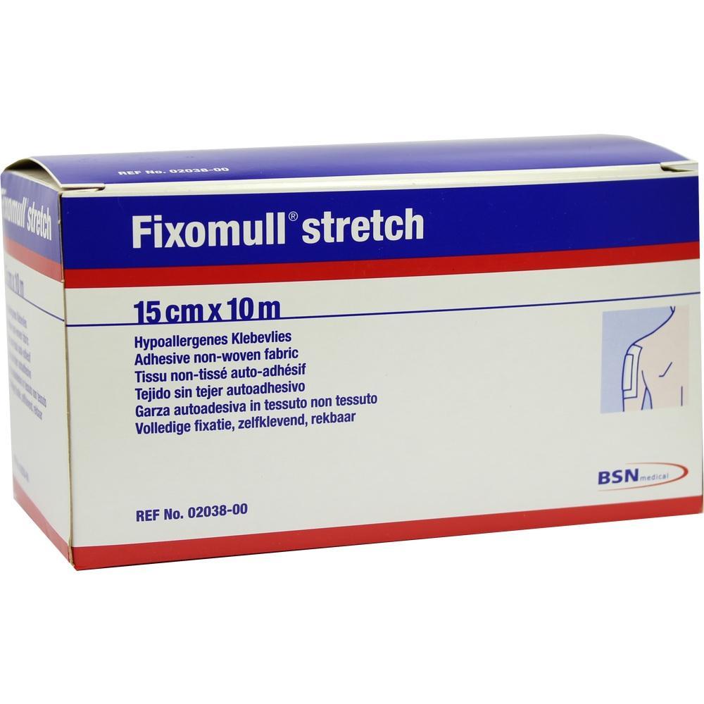 Eine Verpackung von "Fixomull stretch" Klebevlies in Blau, Weiß und Rot.