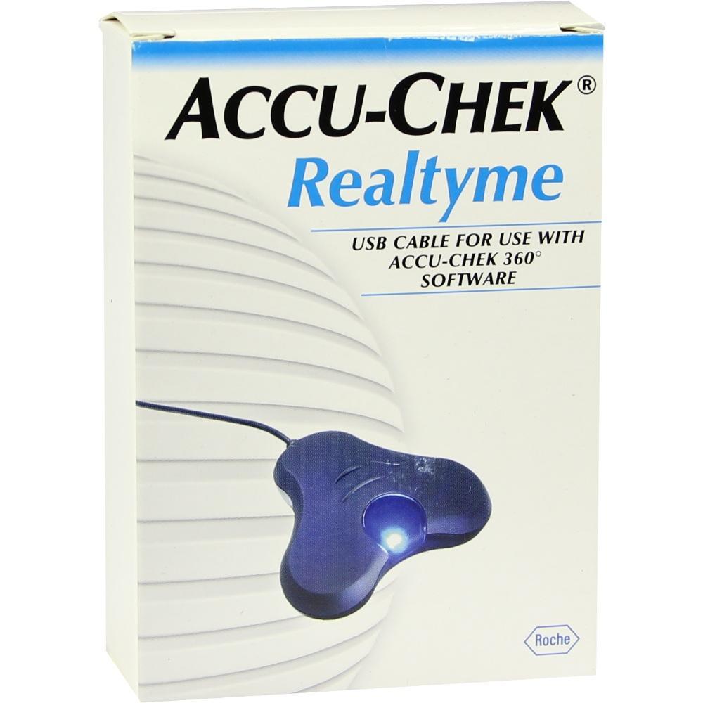 Eine Verpackung für ein USB-Kabel der Marke Accu-Chek RealtIme.