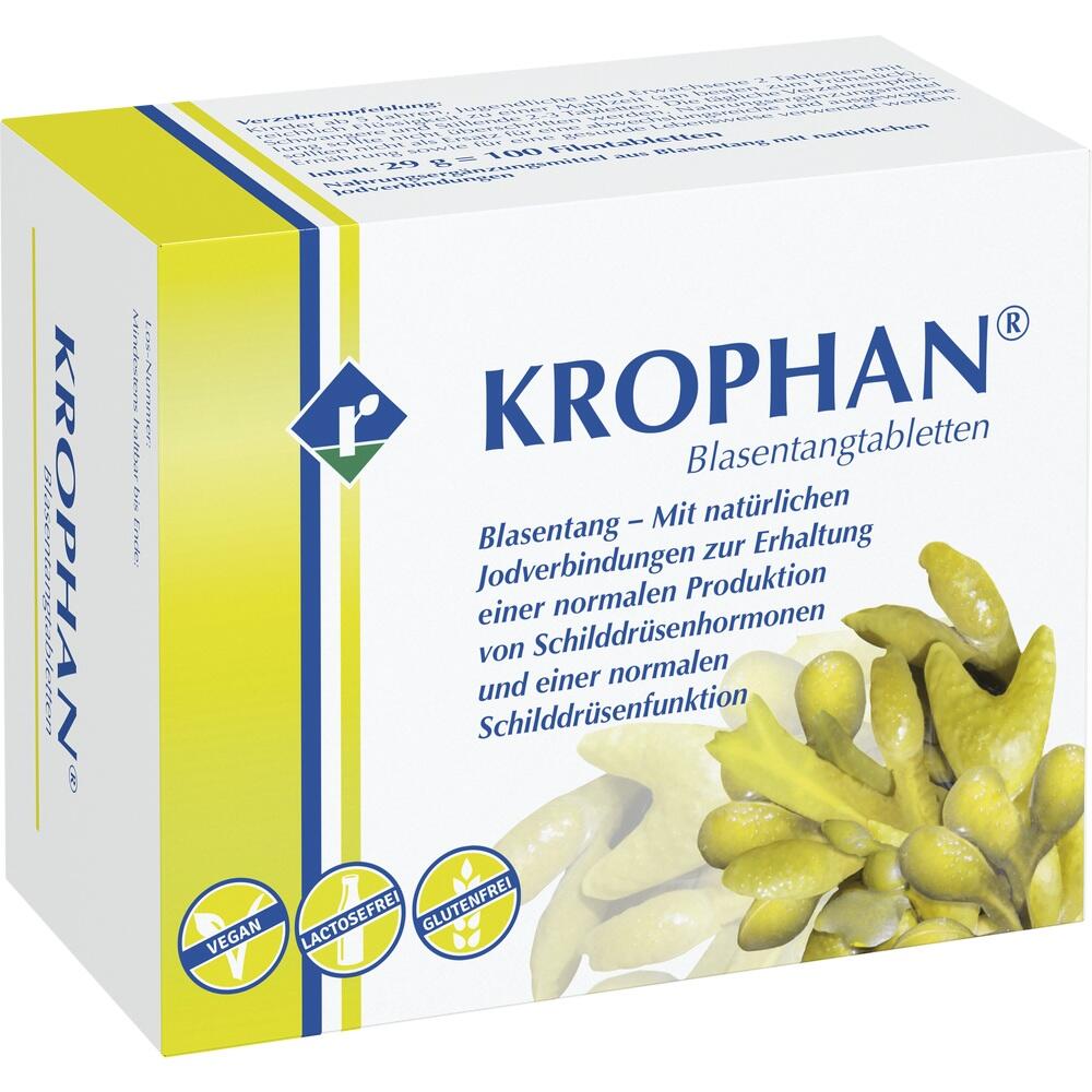 Verpackung von KROPHAN Blasentangtabletten mit vegan, laktosefrei und glutenfrei Symbolen.