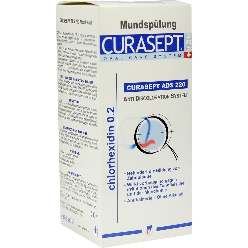 Wei&szlig;e Verpackung f&uuml;r Mundsp&uuml;lung mit dem Namen Curasept ADS 220.