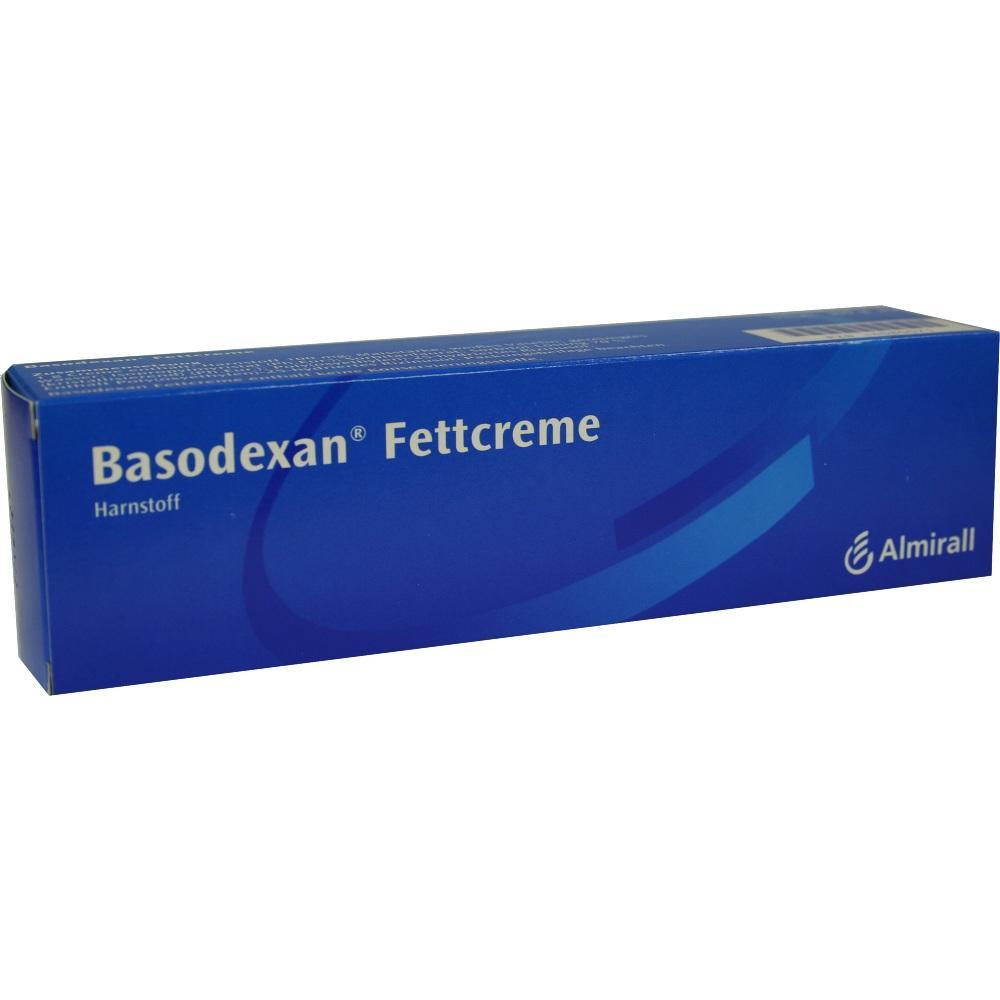 Eine blaue Packung Basodexan Fettcreme mit Harnstoff.