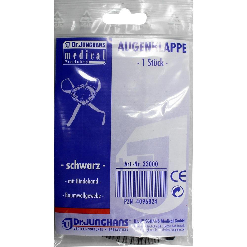 Verpackung einer Augenklappe von Dr. Junghans in Schwarz mit Bindeband.