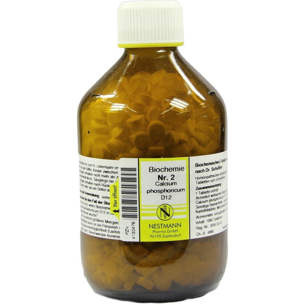 Braune Flasche mit weißen Tabletten und einem Etikett mit der Aufschrift "Biochemie Nr. 2".
