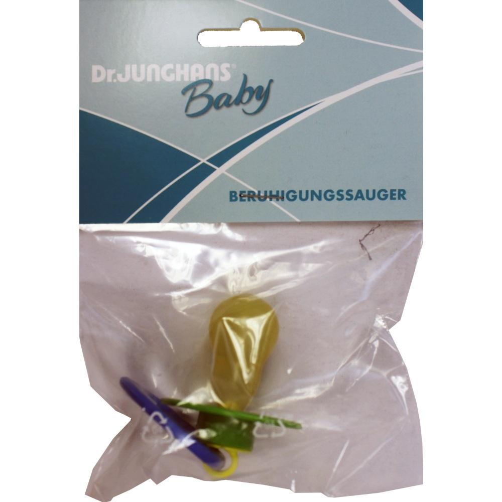 Ein Schnuller in einer Plastiktüte mit blau-weißer Verpackung.
