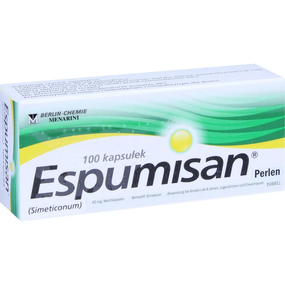 Eine Schachtel Espumisan-Perlen gegen Blähungen mit 100 Kapseln.