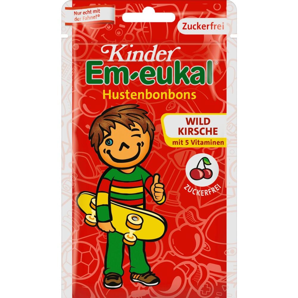 Rote Verpackung von Em-eukal Kinder Hustenbonbons, Geschmacksrichtung Wildkirsche.