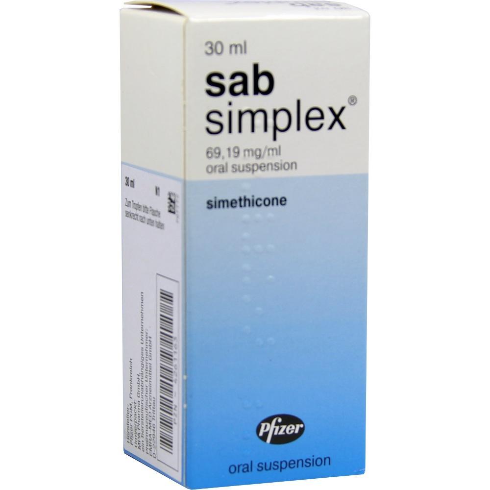Packung mit Sab Simplex Fl&uuml;ssigkeit gegen Bl&auml;hungen.