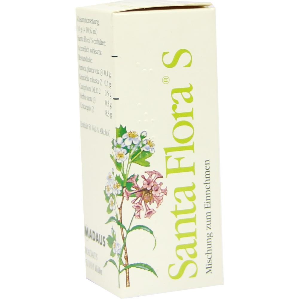 Eine cremefarbene Verpackung mit Blütenbildern und der Aufschrift "Santa Flora S".