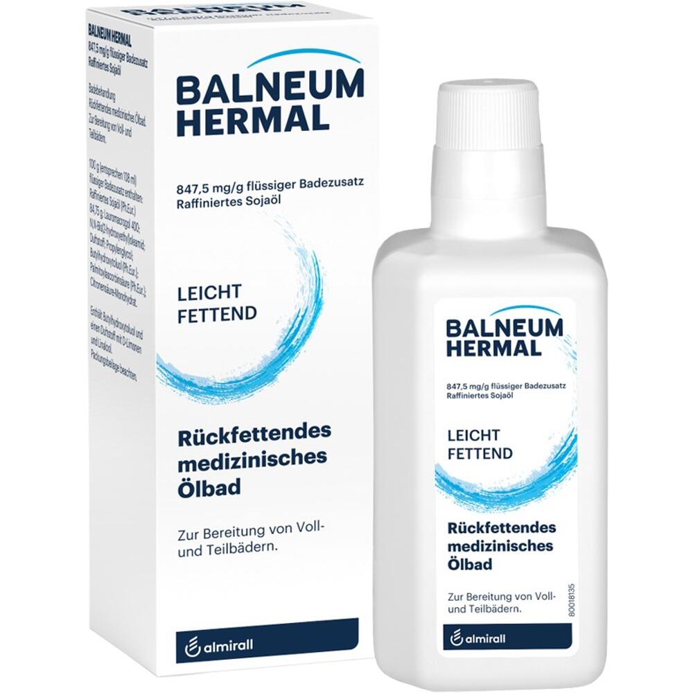 Weiße Flasche und Schachtel eines medizinischen Ölbadprodukts namens Balneum Hermal.