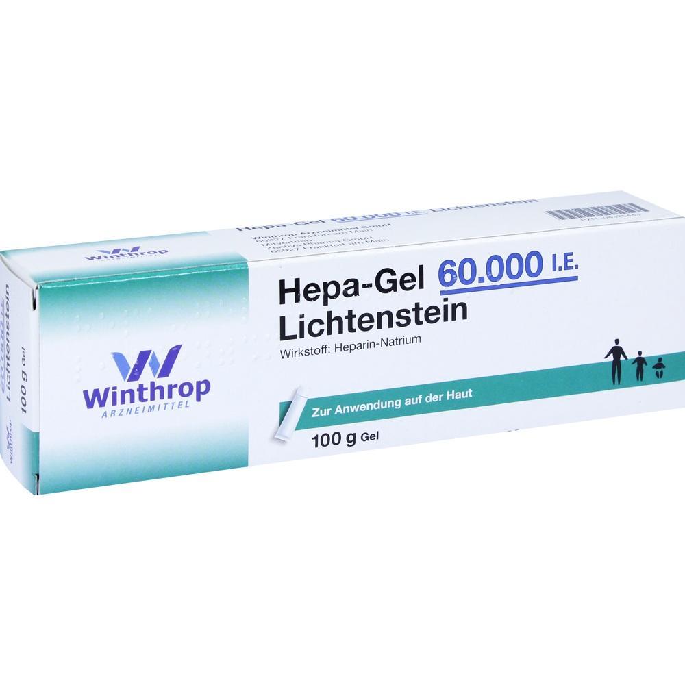 Weiße Verpackung mit der Aufschrift "Hepa-Gel 60.000 I.E. Lichtenstein".