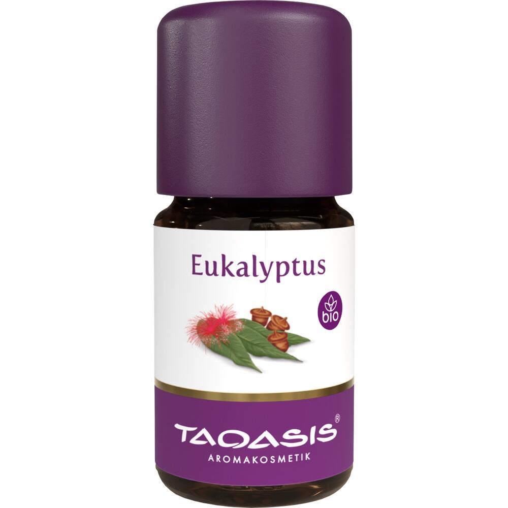 Braunes Fläschchen mit lila Deckel und "Eukalyptus" auf dem Etikett.