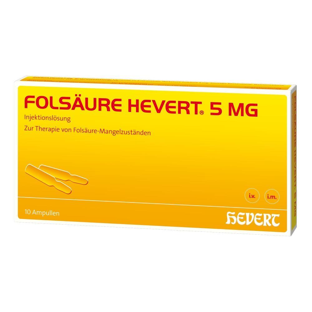 Gelbe Schachtel mit der Aufschrift "Folsäure Hevert 5 mg, Injektionslösung, 10 Ampullen".