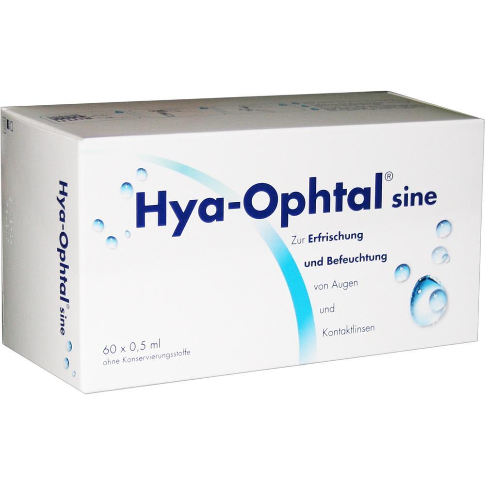 Ein weißer Karton mit der Aufschrift "Hya-Ophtal sine" und blauen Wassertröpfchen.