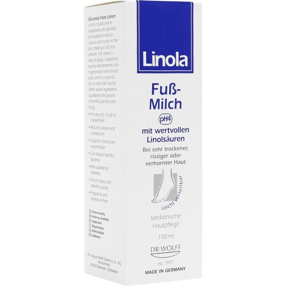 Verpackung der Linola Fuß-Milch für trockene, rissige Haut.