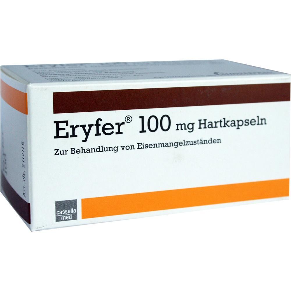 Eine Packung mit Eryfer 100 mg Kapseln gegen Eisenmangel.