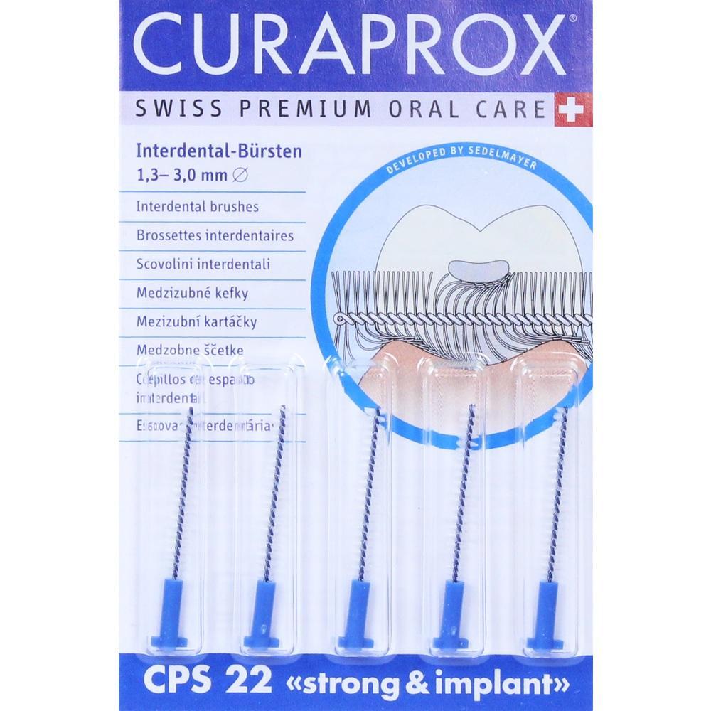F&uuml;nf blaue Interdentalb&uuml;rsten in einer durchsichtigen Verpackung.