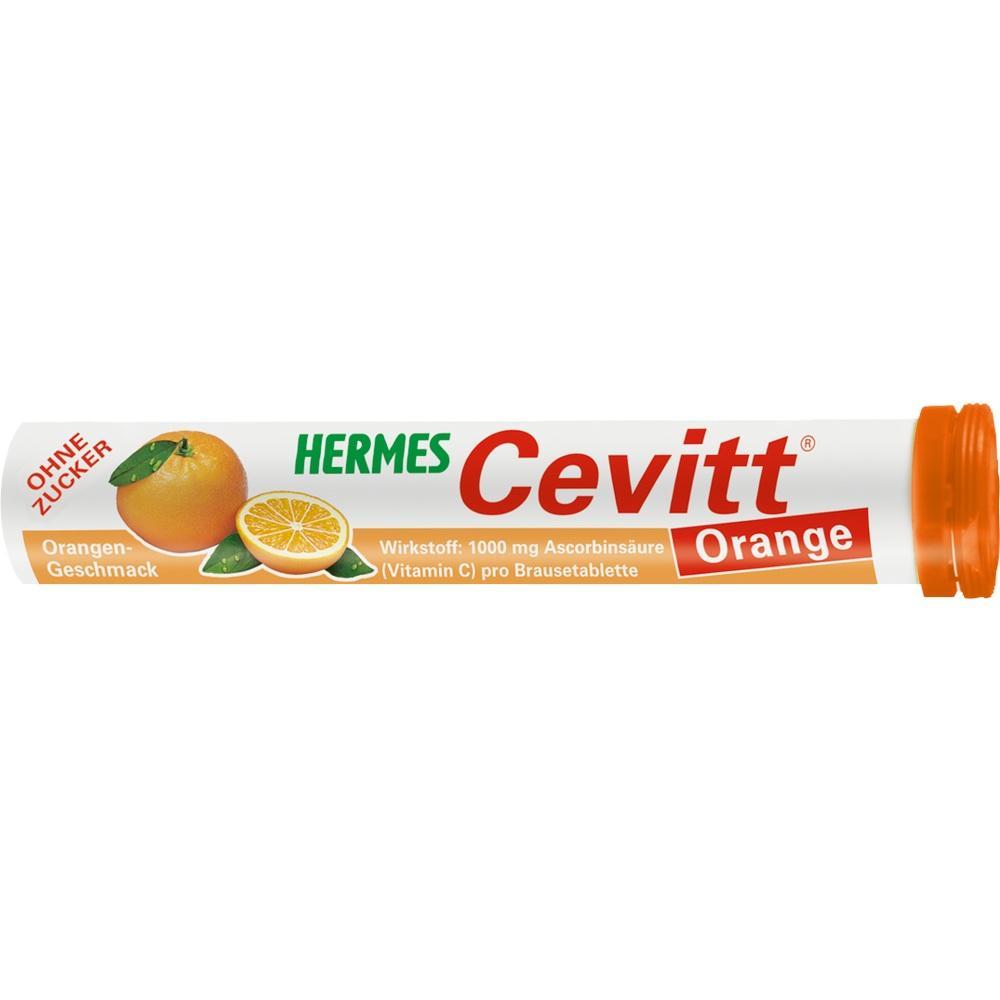 Eine wei&szlig;e Tube f&uuml;r Brausetabletten mit Orangengeschmack und Vitamin C.
