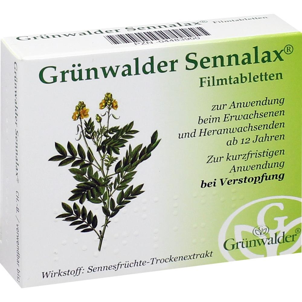 Eine Packung Gr&uuml;nwalder Sennalax Tabletten gegen Verstopfung mit Pflanzenbild.