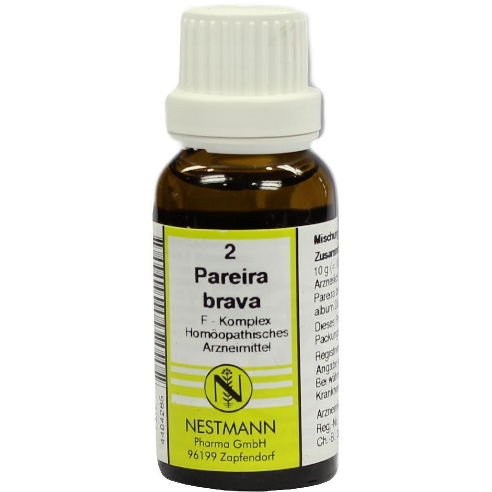 Braune Flasche mit weißem Verschluss, darauf steht "Pareira brava" von Nestmann Pharma.