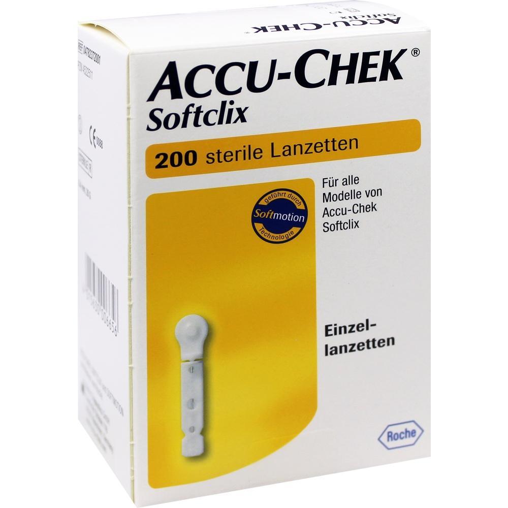 Weiße Schachtel mit der Aufschrift „Accu-Chek Softclix 200 sterile Lanzetten“.
