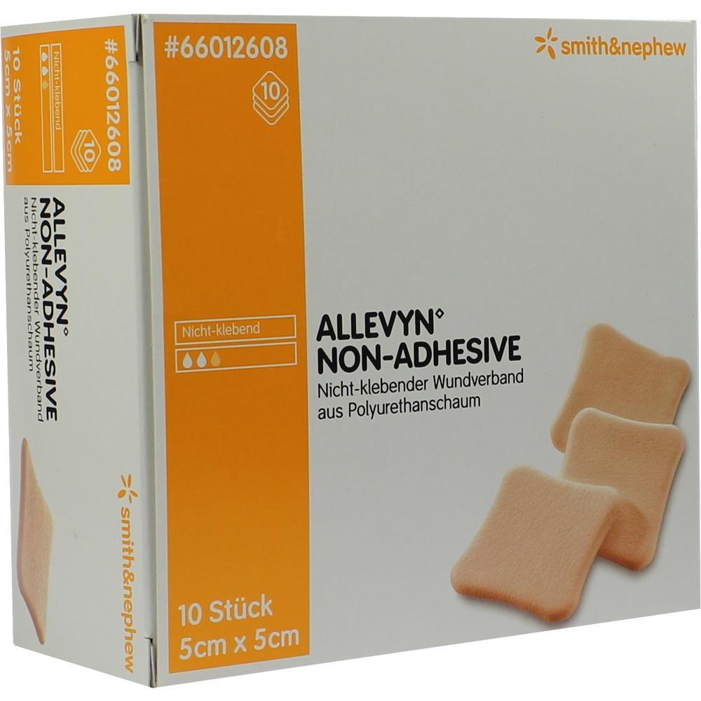 Die Packung zeigt nicht-klebende Schaumstoff-Wundverbände von 5 cm x 5 cm.