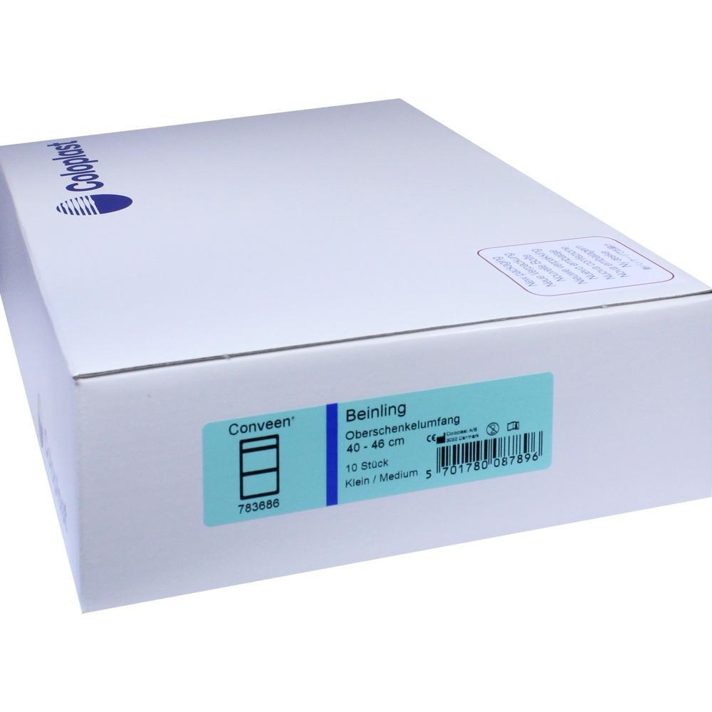 Weiße Verpackung von Coloplast für Beinlinge mit Aufschrift zum Oberschenkelumfang.
