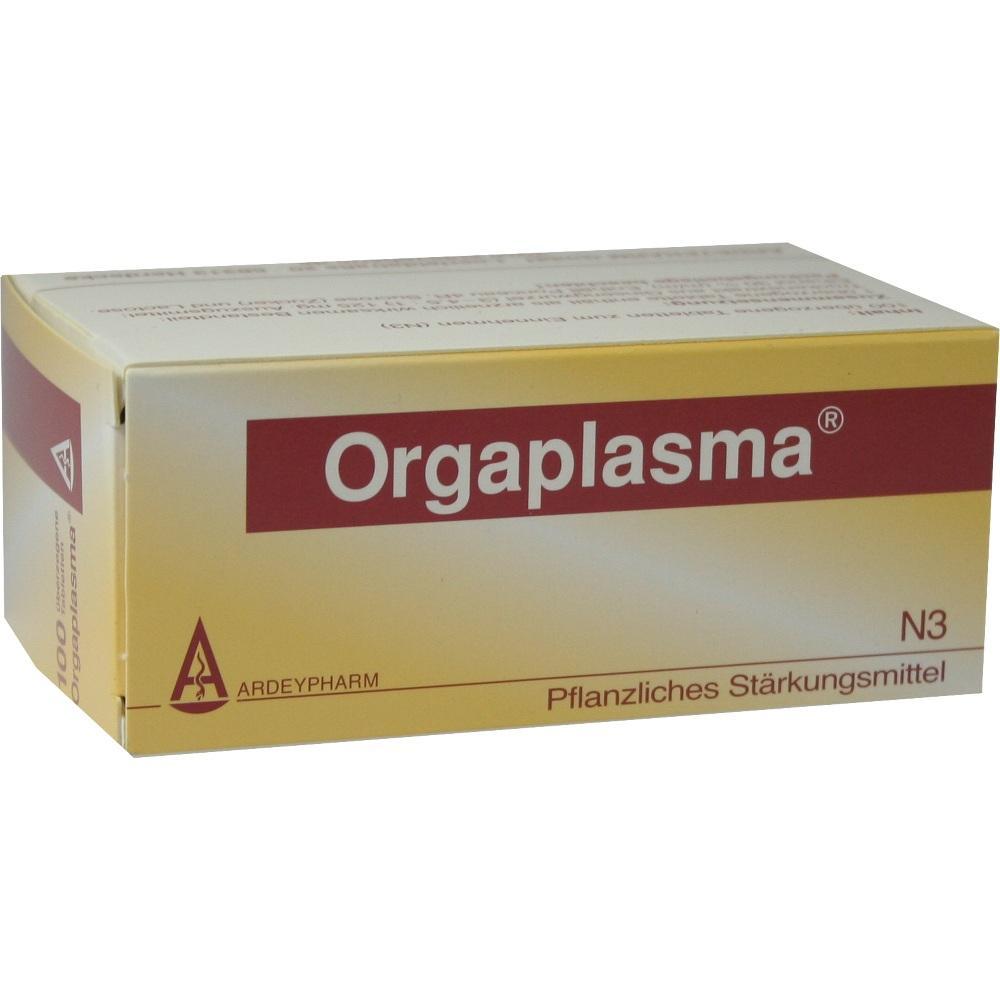 Eine gelbe Schachtel mit der Aufschrift "Orgaplasma", ein pflanzliches St&auml;rkungsmittel.