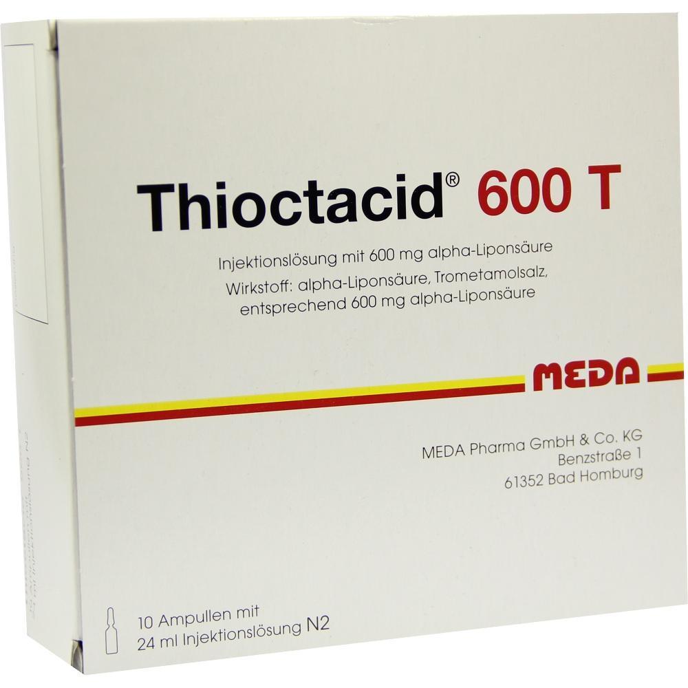 Weiße Verpackung mit der Aufschrift "Thioctacid 600 T" und medizinischen Details.
