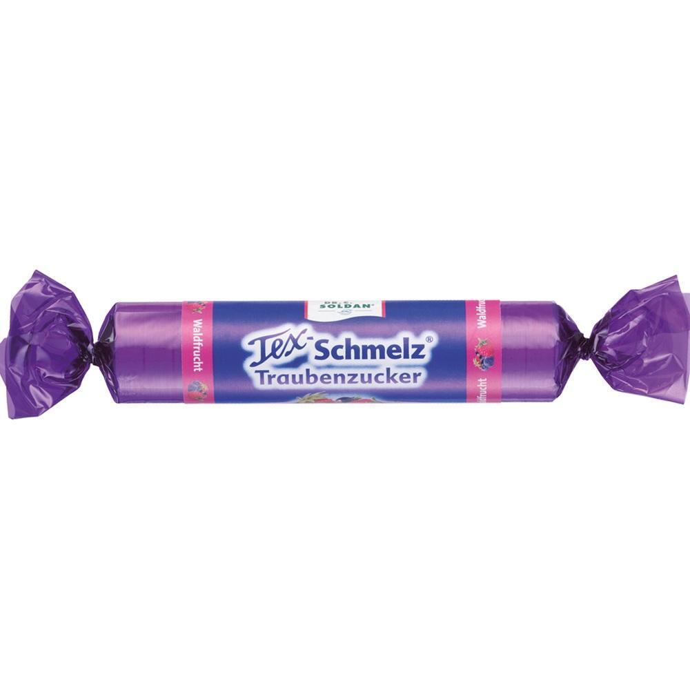 Lila verpackte Traubenzuckerstange mit Fruchtgeschmack.