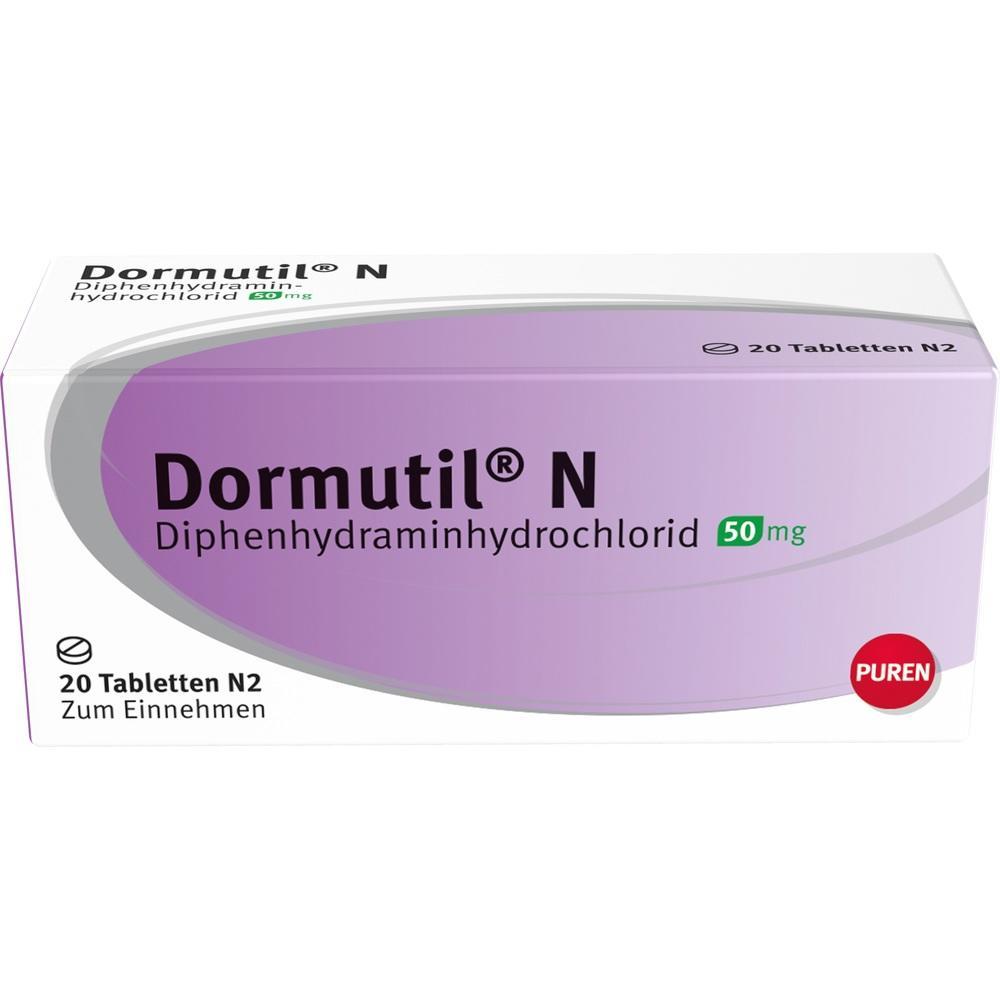 Schachtel mit 20 Tabletten Dormutil N, 50 mg, zur Einnahme.