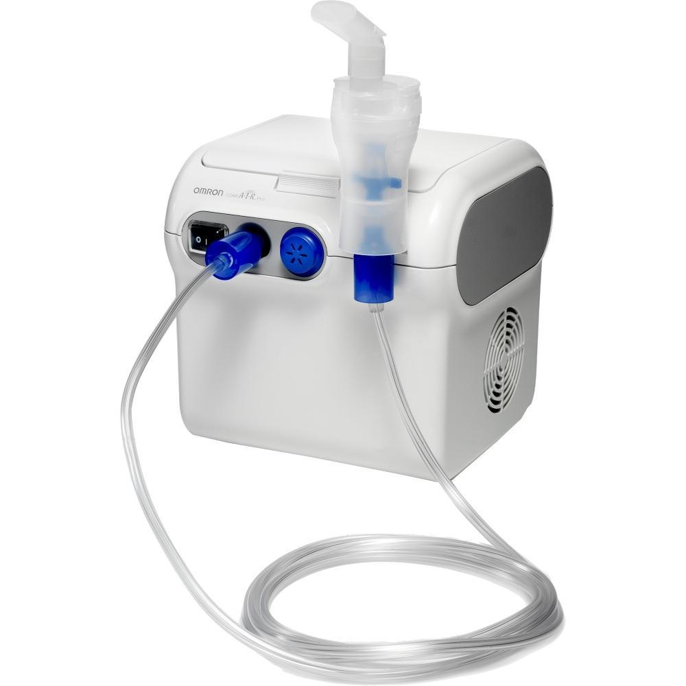 Ein wei&szlig;er Inhalator mit blauen Anschl&uuml;ssen und einem Schlauch.