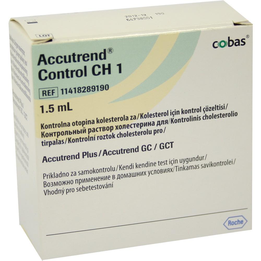 Gelbe Verpackung eines Kontrolllösungsets für Cholesterinmessung von Accutrend.