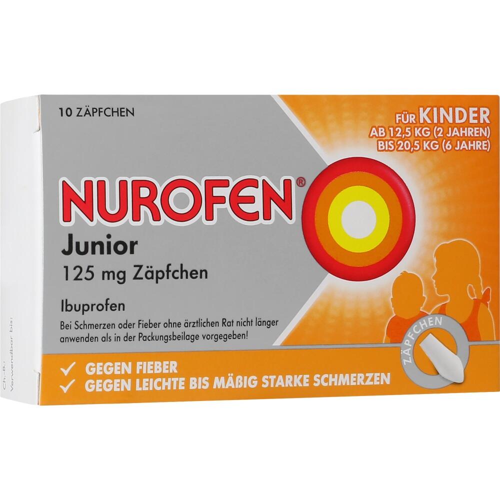 Verpackung von Nurofen Junior 125 mg Zäpfchen für Kinder gegen Fieber und Schmerzen.