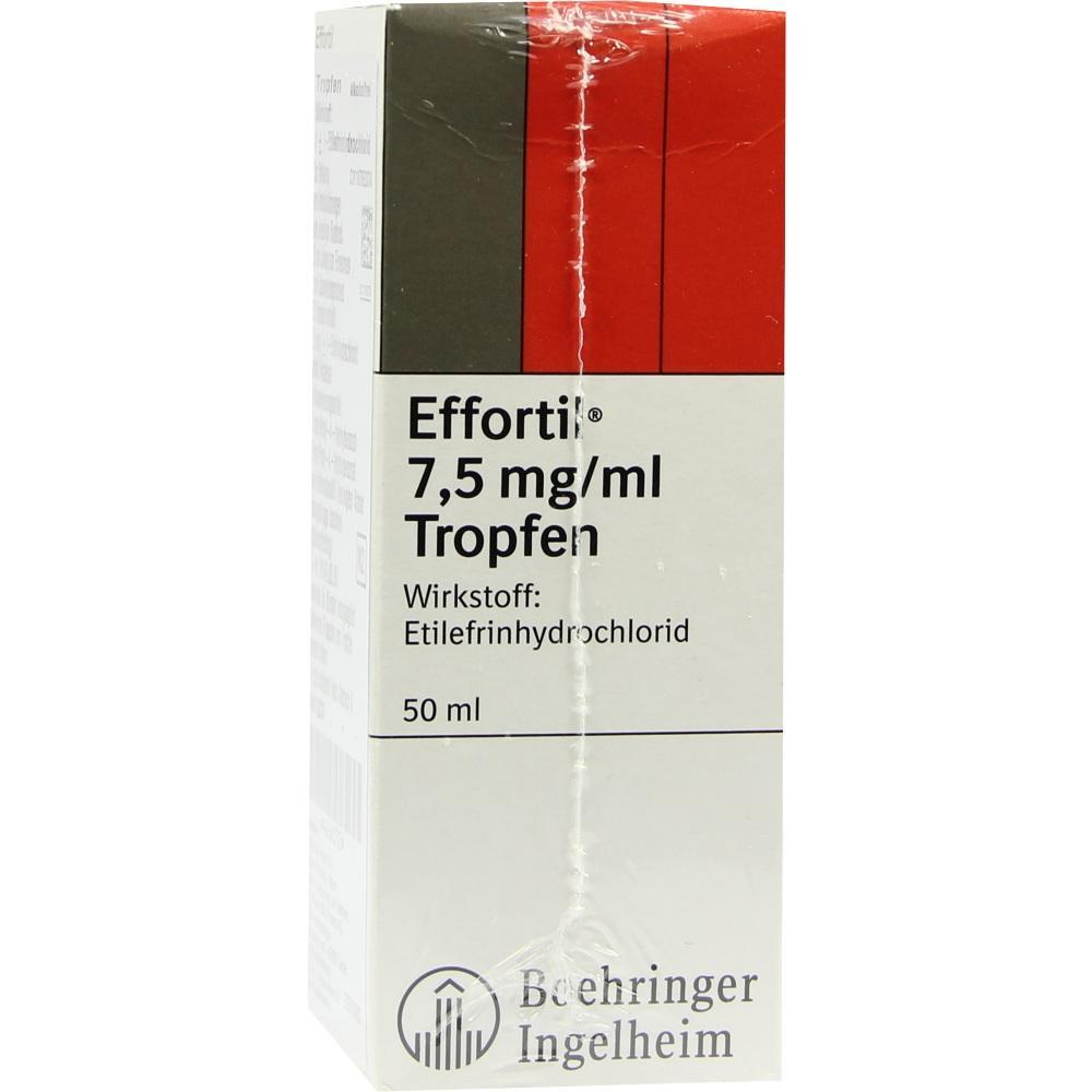 Eine Arzneimittelverpackung mit der Aufschrift „Effortil 7,5 mg/ml Tropfen“.