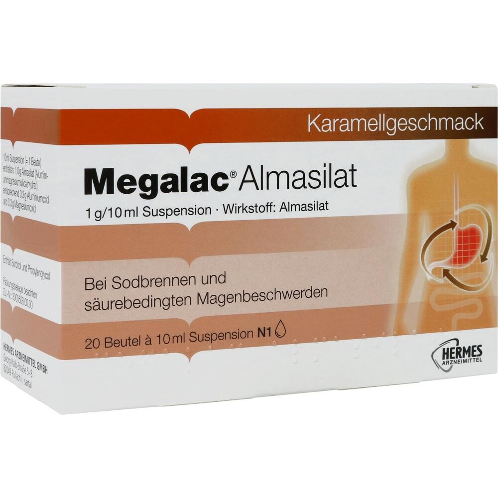 Eine Schachtel Megalac Almasilat gegen Sodbrennen mit 20 Beuteln innen.