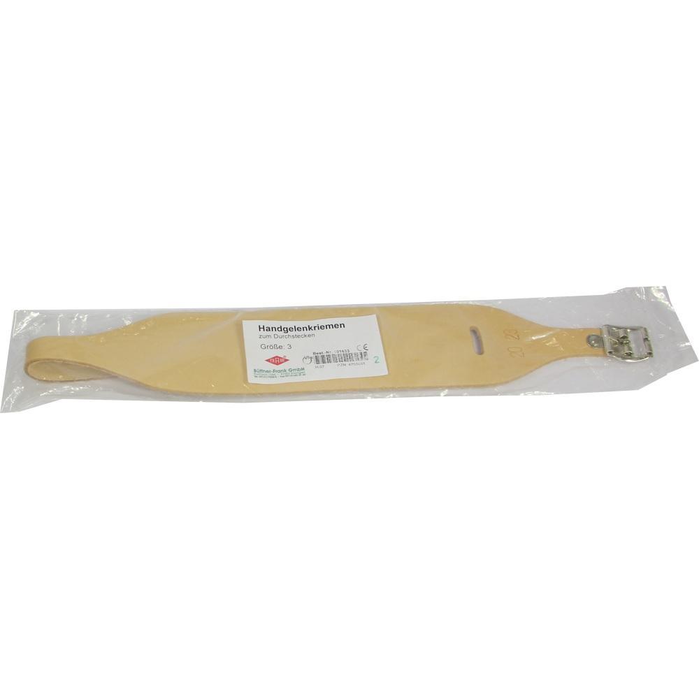Ein beige Handgelenkriemen in einer durchsichtigen Plastikverpackung.