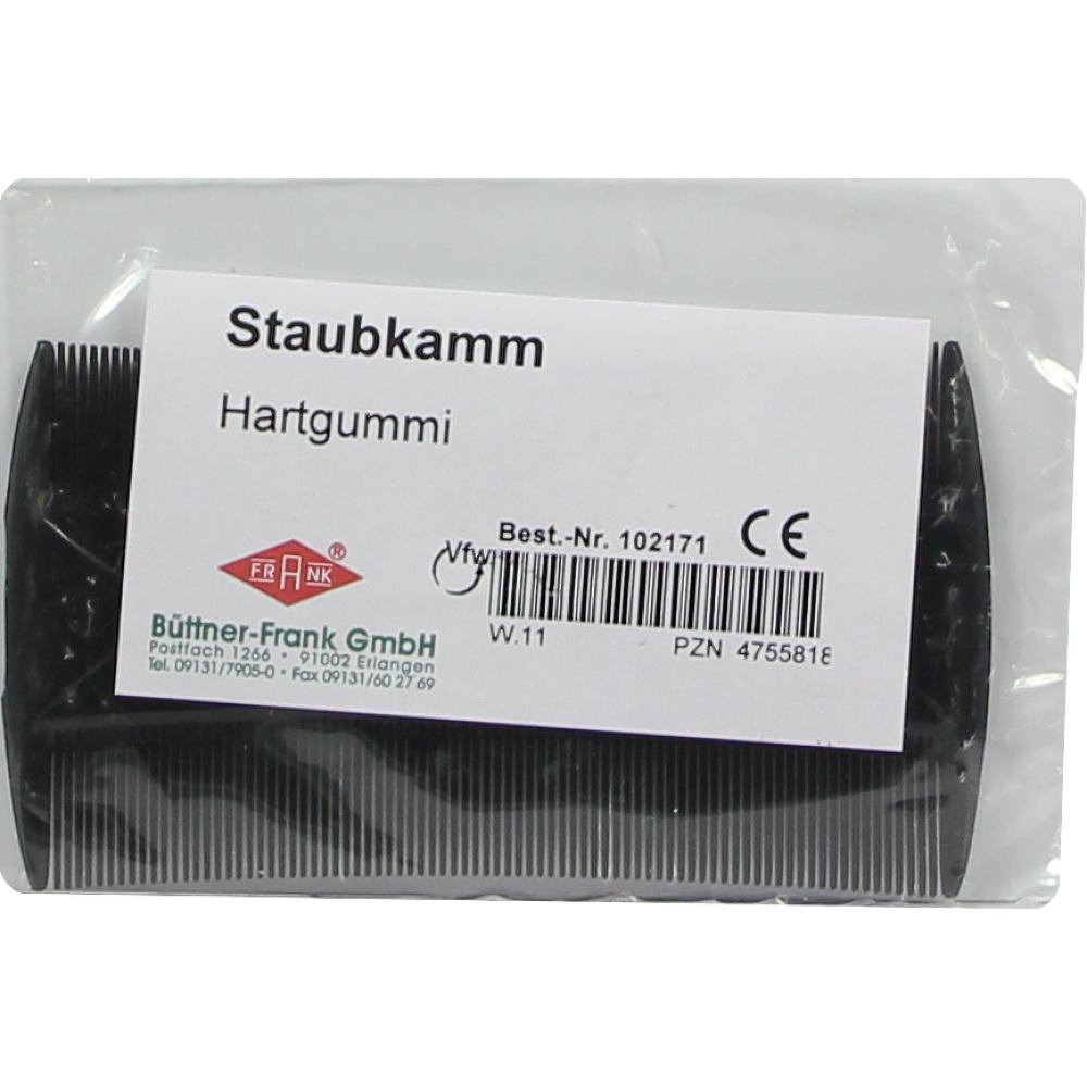 Ein Staubkamm aus Hartgummi in einer Verpackung mit Etikett.